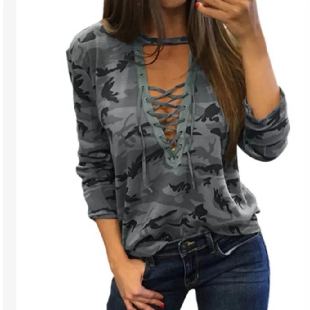 Modlily Lace Up Camouflage Blouse
